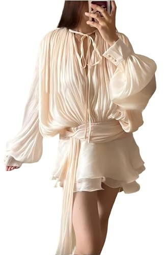 Svuitmsl Women's Long Lantern Sleeve Ruffle Mini Dress Flowy Ruched Bubble Sleeve Mesh Hollow Swing Dress Tie Waist Cocktail