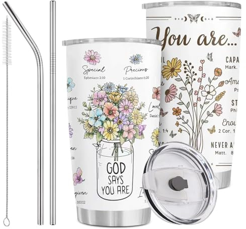 590ml Christliche Becher Edelstahl, Bibel Design Dichter Trinkbecher mit Deckel und Strohhalm, Thermobecher Kaffee To Go, Doppelwandig Isolierbecher, Christliche Geschenke für Frauen, Kinder, Christen
