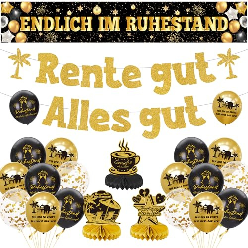 Ruhestand Deko Banner Luftballons Set - Rente Party Dekoration Ballons Glitzer Girlande und Tischdeko, Dekorationen für Frauen Männer Renteneintritt Kollegen Abschiedsparty (Schwarz Gold)
