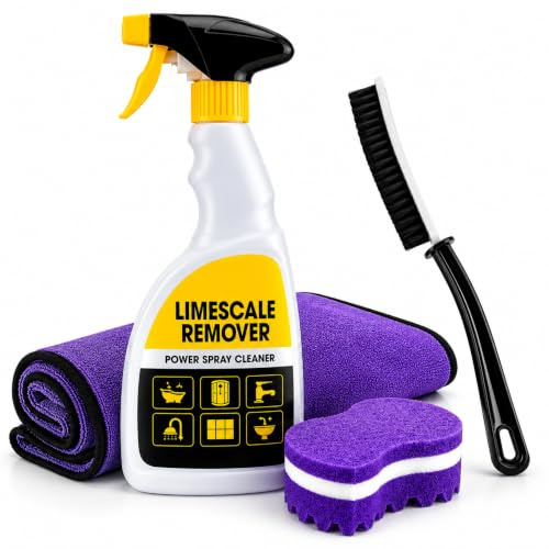 Limescale Remover 500ml,Power Spray Bundle with Brush Sponge & Cloth,Limescale Remover Spray,Destroys Hard Water Stains Remover,Shower Screens,Toilet Limescale Remover Heavy Duty