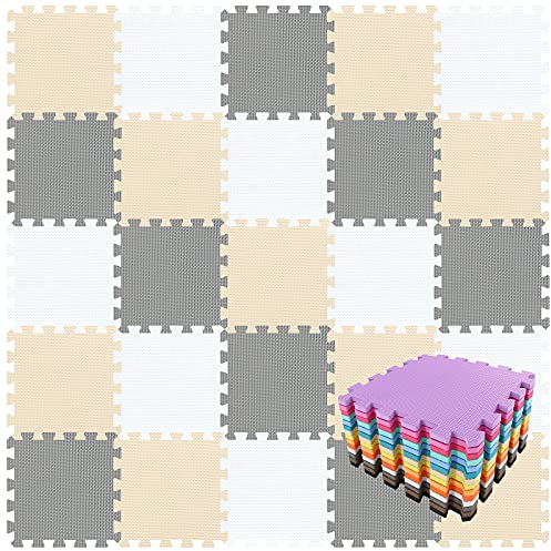 qqpp® 18 Puzzle Eva Schaumstoff Puzzlematte Puzzleteppich Kinder - Krabbelmatte Spielmatte Baby Schadstofffrei Sport rutschfest Bodenschutzmatte Fitness Matte. Weiß, Beige, Grau. QQC-AJLb18N