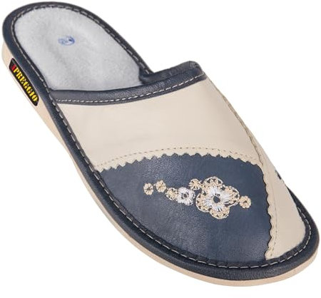 APREGGIO Pantoufles Femme Cuir – Chaussons Pratiques et Confortables – Fait Main – Bleu – Taille 39