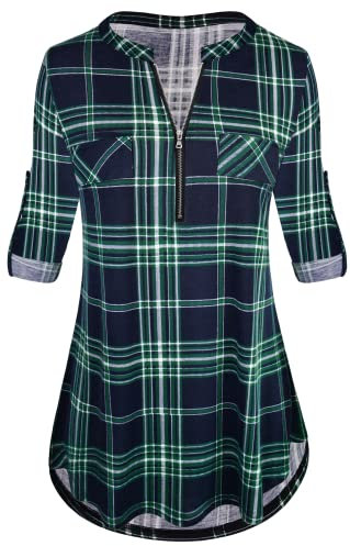 Odosalii Womens Zip Up Plaid Tunic Blouse Rolled Up Sleeve Polo Top Check Shirts (Small, Green)
