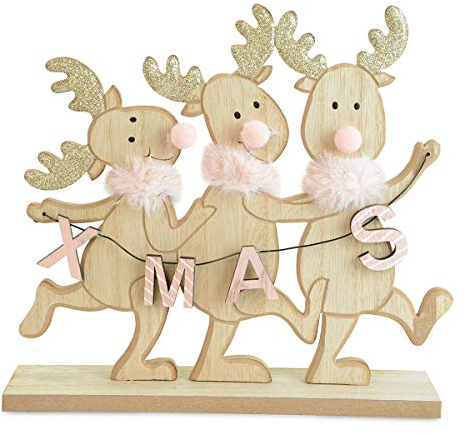 Riffelmacher Weihnachtsdeko | Holzdeko Elche Xmas braun rosa 23cm | Deko Fensterbank Tisch Tischdeko Aufsteller Weihnachten