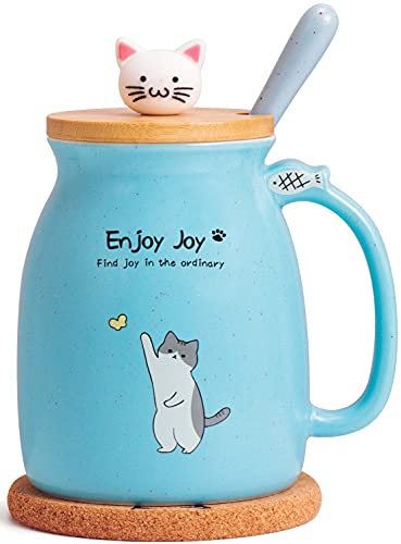 Feify Cute Cat Cup Ceramic Coffee Mug with Kawaii Cat Wooden Lid, Lovely Stainless Steel Spoon, Anime Kitty Thicken Wooden Coaster, Christmas Birthday Cute Thing Japanese Mug 16oz (Blue)