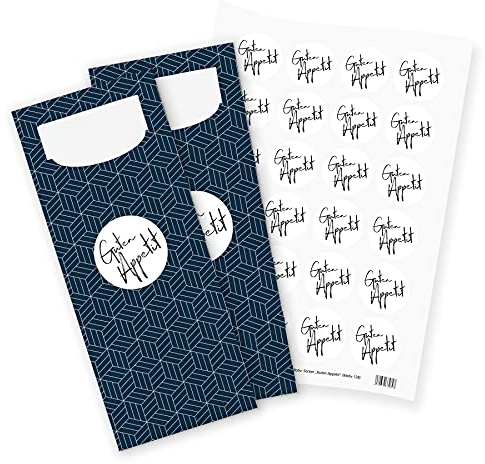 itenga 24x Bestecktaschen Guten Appetit dunkelblau mit Muster Pochetten inkl. Serviette und Sticker Aufkleber Tischdeko Einweggeschirr