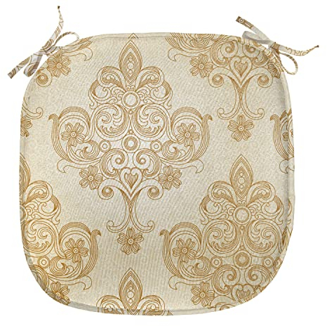 ABAKUHAUS Elfenbein Polster für Esszimmerstühle, Barock Curved Blumen, Dekoratives wasserfestes Kissen mit Riemen für Küchensitze, 40 cm x 40 cm, Creme Pale Brown