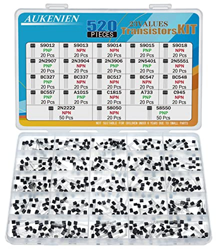 AUKENIEN Transistor Kit 23Values BJT PNP NPN Transistors A1015 A733 C945 C1815 BC557 2N2907 2N3904 2N3906 2N5401 2N5551 S9012 S9013 S9014 S9015 S9018 BC327 BC337 BC517 BC547 BC548 2N2222 S8050 S8550
