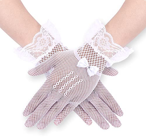 KINBOM Guantes de Encaje Elegantes Cortos para Mujer Con Lazo de Diamantes de Imitación - Muñeca para Cortesía, Verano, Ópera, Noche, Boda, Fiesta, Baile, Cosplay (Blanco)