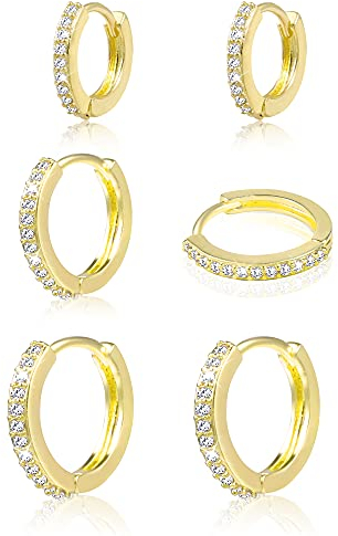 Lot de 3 paires de boucles d'oreilles Huggie en or pour femme plaqué or 14 carats avec zircon cubique petites boucles d'oreilles Huggie Hoop (12/14/16 mm)