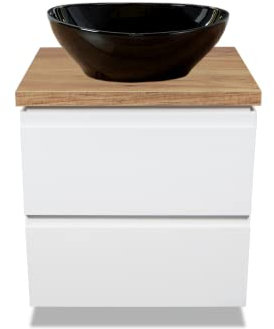 VBChome Badmöbel 50 cm Weiß Aufsatzwaschbecken Schwarz 41x35 cm Aufsatzwaschtisch mit Waschbeckenunterschrank 2 Schubladen Moduo Badezimmerschrank