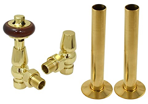 NRG Polished Brass Angled TRV Lockshield Valve Set with 180mm Pipe | Brass Valve and Pipe Kit, Sleeves and Collars, Easy Cut and Install, 15mm Thermostatic Lockshield Valves, Traditional