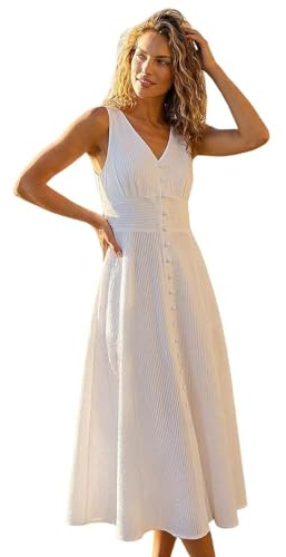 Roman Women Textured Stripe Button Detail Midi Dress - Ladies Spring Everyday Summer Holiday Sleeveless Soft V-Neckline Comfy Empire Detail Frock Vacation Gowns - White - Size 20
