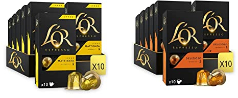 L'OR - Café Espresso - Lungo Mattinata - Intensité 5 - Saveurs Chocolat et Agrumes - 10 lots de 10 capsules aluminium & Espresso Café - 100 Capsules Delizioso Intensité 5-10 Paquets de 10 Capsules
