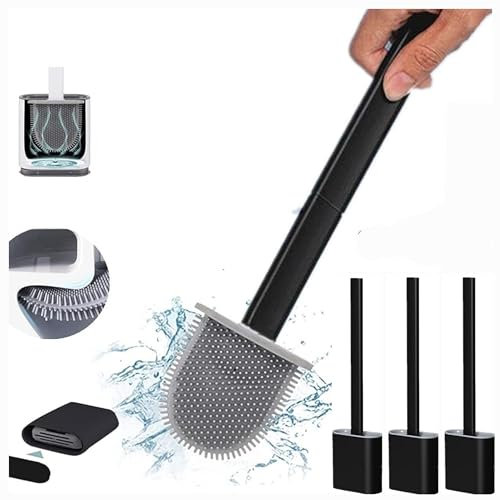 Revolutionary 3 Pack Black Deep Clean Silicone Toilet Brush & Quick Dry Anti-drip Holder, Flexible No scratch Bathroom Brush