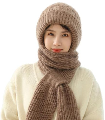 Integrated Ear Protection Windproof Cap Scarf,Winter Warm Knitted Hat Scarf,2 in 1 Windproof Knitting Thick Warm Ear Guard Hat for Women,Plus Velvet Warm Ear Guard Hat,Beanie Hat Scarf (Khaki)
