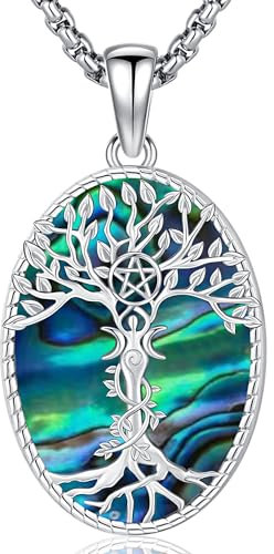 Friggem Collana della Dea della Luna Tripla in Argento 925, Collana Albero della Vita con Ciondolo, Conchiglia di Abalone Gioielli per Donne e Ragazze (Albero Della Vita-P)