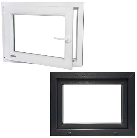Kunststofffenster PVC Wärmedämmend Fenster Garagenfenster Kellerfenster Billig Günstig Alupl Neo Energeto Dreh Kipp 2-Fach Verglasung Innen Weiss Außen Anthrazit 75x120cm 750x1200mm DIN Links Herstell