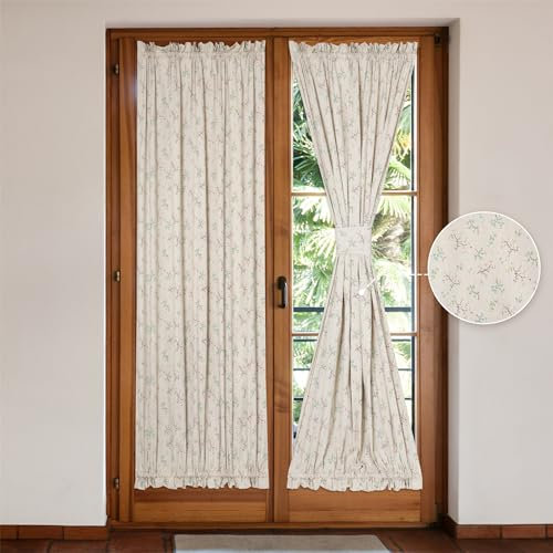 Moslovstar Französische Türvorhänge aus Leinen, eleganter Landhausstil, kleines Gras und Blume, Vordertürvorhang, Doppelstangentaschen-Raffhalter, 137,2 x 182,9 cm, 2 Stück