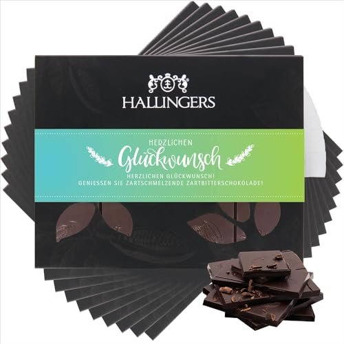Hallingers Genuss Manufaktur Vegane Schokolade Glückwunsch-Geschenk - Tafel handgeschöpfter Edelkakao ohne Alkohol edler Karton 10x Herzlichen Glüc... Pur 85%, Geschenkidee für Frauen Männer