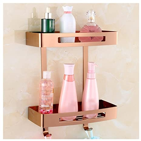 GJLJYJY Badezimmer-Regal, schwebende Regale, Dusch-Caddy, quadratisches Badezimmer-Eckregal, Seifenschale, Bad, Shampoo, Organizer, Regal, Abtropfgestell, Wandmontage, Küchenregal/Roségold, zweistöc