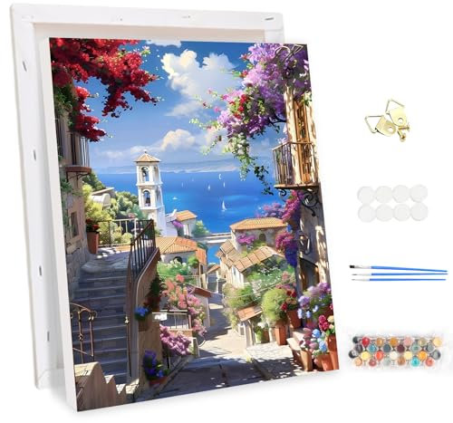 MEIYUDA Pintar por Numeros Adultos con Marco Paisaje Urbano, DIY Pintura por Numeros Kit Manualidades Mar, Cuadros por Numeros Pigmento Acrílico, Decoración para el Hogar Regalo de pared 30x40cm