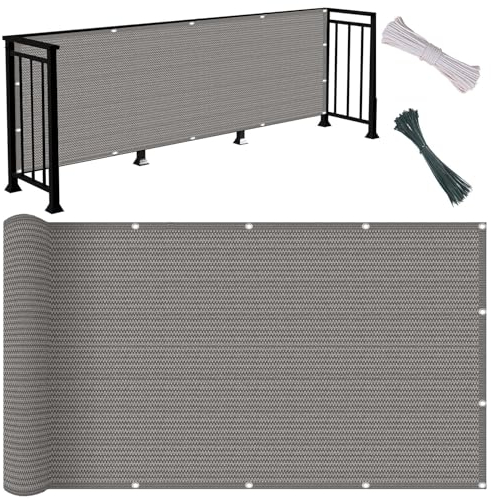 Balkonverkleidung Sichtschutz 95 x 145 cm Windschutz Sonnenschutz, Atmungsaktiv Zaunblende Balkonblende mit Kabelbinder, Ösen Und Kordel für Balkon Geländer, Grau