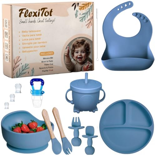 FlexiTot - Vajilla bebe silicona antideslizante | Cubiertos bebe, Plato y bol con ventosa, vaso, babero ajustable y chupete fruta bebe | Ideal para BLW y alimentación complementaria |Azul | +6 meses