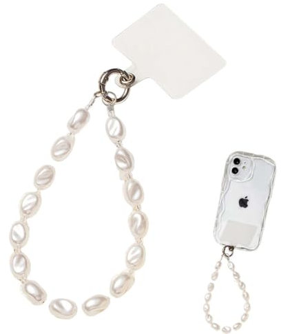 BQRKOTM 1 Stück Handykette Universal, Handyanhänger, Handy Perlen Schlüsselband, Handschlaufe, Abnehmbar Handygurt, kompatibel mit jedem Handy, Smartphone (Weiss Perlen)