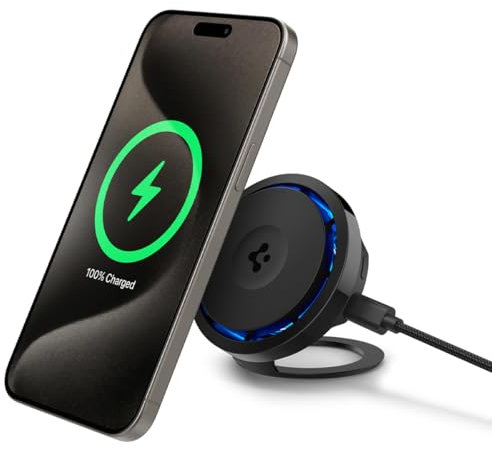 Spigen OneTap Pro 3 Cryomax Qi2 15W MagSafe Wireless Cooling & Silent Fast Stand Charger Station with Kickstand iOS 17 StandBy Mode LED Included 2M Cable Compatible with iPhone 16 15 14 13 12 Series