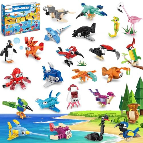MOONTOY Mitgebsel Kindergeburtstag Gastgeschenke, 24 Stück Mini Bausteine Tiere Konstruktionsspielzeug, 3 IN 1 Baustein Spielzeug OsterGeschenke Geburtstag Party Geschenke 3-12 Jungen und Mädchen