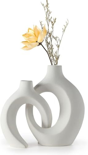 Anquephd Weiß Hohle keramikvase 2er-Set, einzigartige runde Moderne Vase für nordische minimalistische Stil Dekoration, Donut Boho ästhetische Vase für Kaffee & Küche Tisch, Pampasgras. (Weiß)