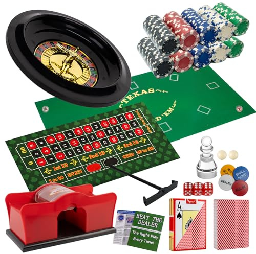 NYUUNYCOOR 5 in 1 Casino Game Complete Set: 250 Pro Poker Chips+Silent Card Shuffler, Blackjack+Roulette Wheel+Craps+Texas Holdem+Poker Kit,Table Game Mat+Playing Card+Dice+Casino Accessory