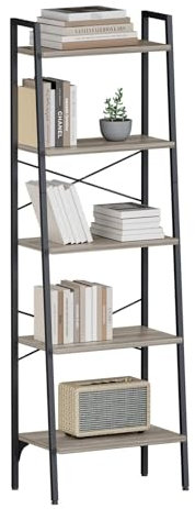 Oak & Tea Ladder Shelf, Ladder Bookcase, 5-Tier Bookshelf, X-Brace Support, 172 cm, Steel Frame, Industrial Style, for Home Office Study Living Room Bedroom, Grey+black