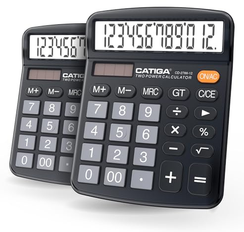 CATIGA Tischrechner, 12-stelliges großes LCD-Display, Dual-Power, empfindliche große Taste, Standardfunktions-Rechner für Büro, Schule und Geschäft, CD-2786, 2 Stück, 2 Schwarz