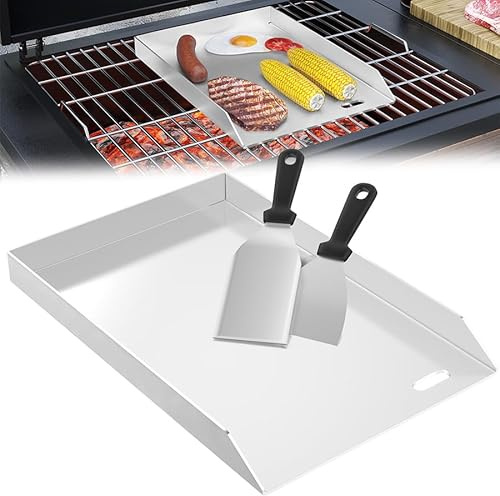Aufun Edelstahl Grillplatte Universal BBQ Plancha mit Fettsammelbehälter | BBQ Feuerplatte Blech Griddleplatte für Gas- & Holzkohlegrill Grillzubehör inkl (30x40x4cm)