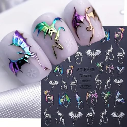 2 Sheets 5D Embossed Nail Art Stickers, Silvery Colored Bat Flying Dragon Pattern Self-Adhesive Nail Decals, Halloween Nail Stickers DIY Nail Art Decoration, Suitable for Halloween Nail Supplies