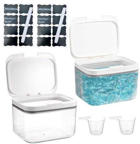 Boîte de Rangement pour Détergent, 2 Pièces 2,8L Boite Lessive, Récipient pour Capsules de Lessive, Récipient pour Poudre à Lessive avec Couvercle à Pression, Rangement en PET avec Verre Doseur