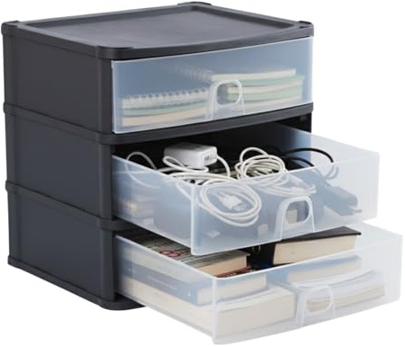 AOC24 Plastic A4 Drawer Unit – Medium 3 Deep Drawers, Slimline Desktop Storage Tower, Space-Saving Tabletop Organiser, Strong Plastic Storage for Office, Home & Study – Black/Clear