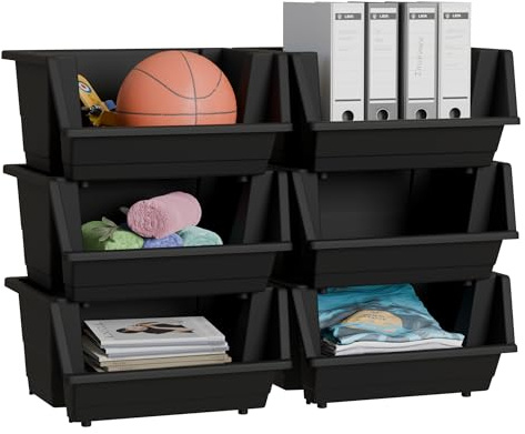 Knight 40L Stackable Plastic Storage Boxes | Multi-Purpose Stacking Storage Containers for Home, Office & Garage | Storage Bins for Clothes,Toys, Tools & Household Storage (Matt Charcoal, Set of 6)