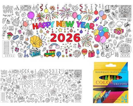 Silvester Tischdecke,Ausmal TischläUfer Silvester,Happy New Year 2026,Decorations Mitteldecke,Neujahrsdekoration Party,Platzset Supplies Tablecloth Tisch 76 * 183cm und 24 Buntstifte