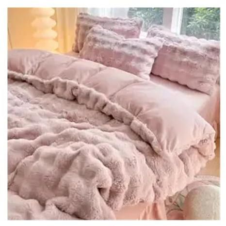 Juego de Cama Franela Felpa Coral Doble Cara con Funda Almohada Gruesa y sábana Cuatro Piezas para Ropa Cama(Pink,200x230cm)