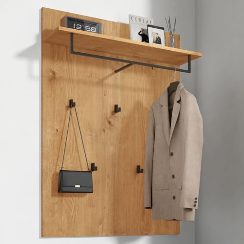 Mai & Mai Garderobenpaneel Wandgarderobe mit Ablage Kleiderstange | Wandpaneel mit 5 90° Haken, Hutablage, Garderobenboard, Flurgarderobe, 108x78x21,6cm, Kerneiche, Gabo-01