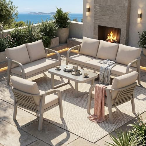 Sapgaks Salon de Jardin extérieur pour 7 Personnes,canapé 3 Places+canapé 2 Places+2 fauteuils+1 Table Basse,Plateau en Verre,Structure en Fer galvanisé,Motif Corde tressée(H-Beige)