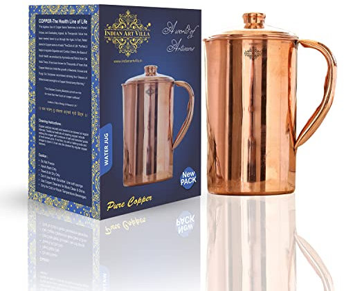 Indian Art Villa Handgefertigter Krug aus reinem Kupfer, mit Deckel, Aufbewahrung für Wasser, indisches Yoga, Ayurveda, 1,2 l