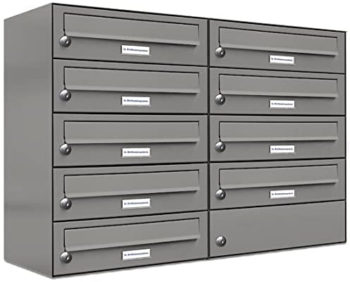 AL Briefkastensysteme 9er Briefkastenanlage Aluminiumgrau RAL 9007, Premium Briefkasten DIN A4, 9 Fach Postkasten modern Aufputz