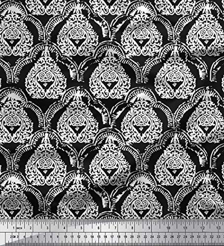 Soimoi Schwarz Georgette Viskose Stoff Damast & Blumen Block Stoff Meterware 42 Zoll breit