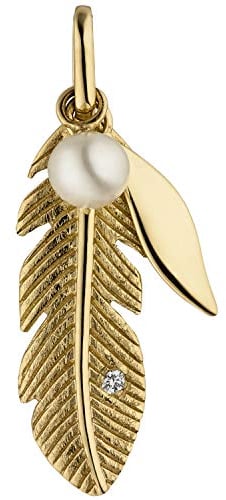Jobo Damen-Anhänger Feder aus 14 Karat 585 Gold mit Diamant und Perle