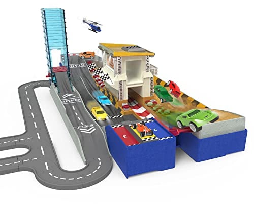 DRIVEN by Battat - Jeu d'Auto Shop & Race Track - Jeu d'Auto Shop & Race Track - 80 pièces - Pistes et panneaux routiers connectables - 3 ans et + - Piste de course de poche 2 en 1 (80pc)