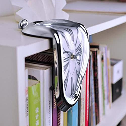 DASNTERED Schmelzende Uhr, verzerrte Tischuhr, dekorative Salvador-Dali-Stil, geschmolzene Uhr, geschmolzene Uhr für Büro, Regal, Schreibtisch (Silber)